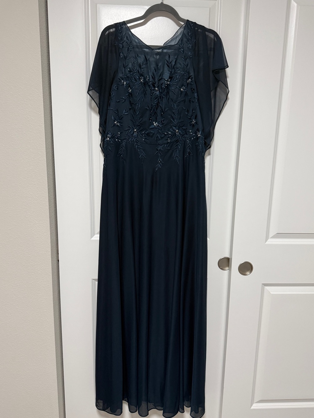 Azazie Dress Formal Gown Embroidered Maxi Wedding Evening Navy Blue